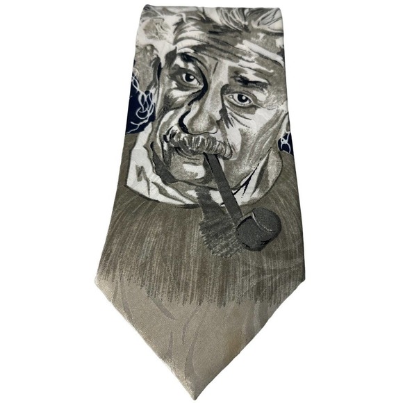 W.B. Other - Albert Einstein W.B. Novelty Necktie Smoking a Pipe Ivory Navy Blue Beige